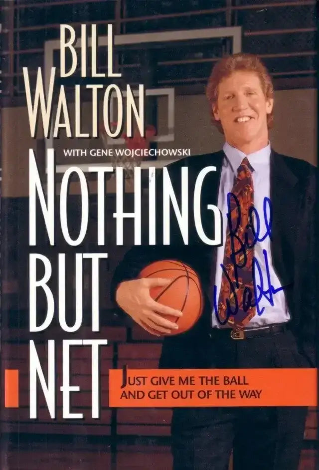 Bill Walton autographed Nothing But Net book cover, NBA memorabilia, basketball court background