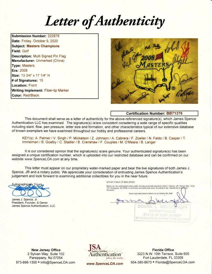 2008 Masters Flag signed by 15 winners Arnold Palmer Phil Mickelson Nick Faldo JSA - AutographsForSale.com