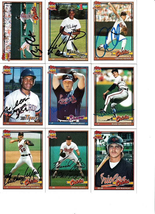 9 autographed 1991 Topps baseball cards Gregg Olson Billy Ripken David Segui - AutographsForSale.com