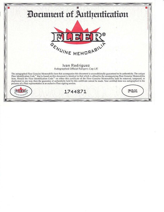Ivan Pudge Rodriguez autographed Texas Rangers game model cap hat Fleer - AutographsForSale.com