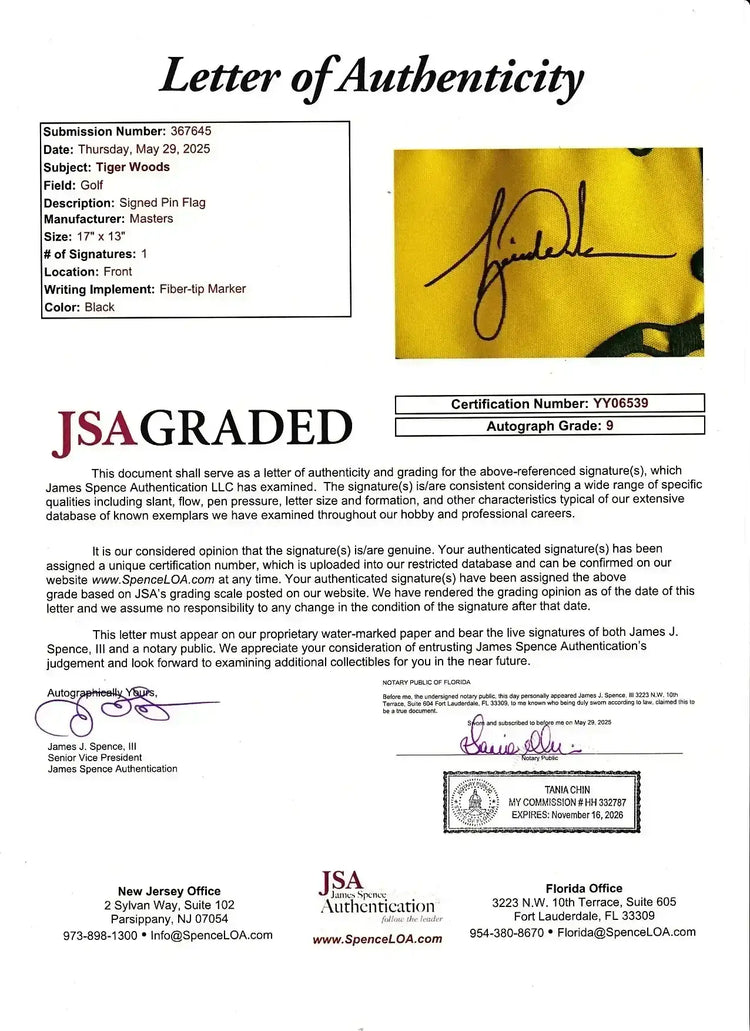 Tiger Woods signed undated Masters golf pin flag JSA grade 9 - AutographsForSale.com