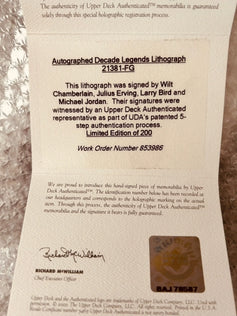 Michael Jordan Wilt Chamberlain Larry Bird Dr. J signed UDA Decade Legends litho framed - AutographsForSale.com