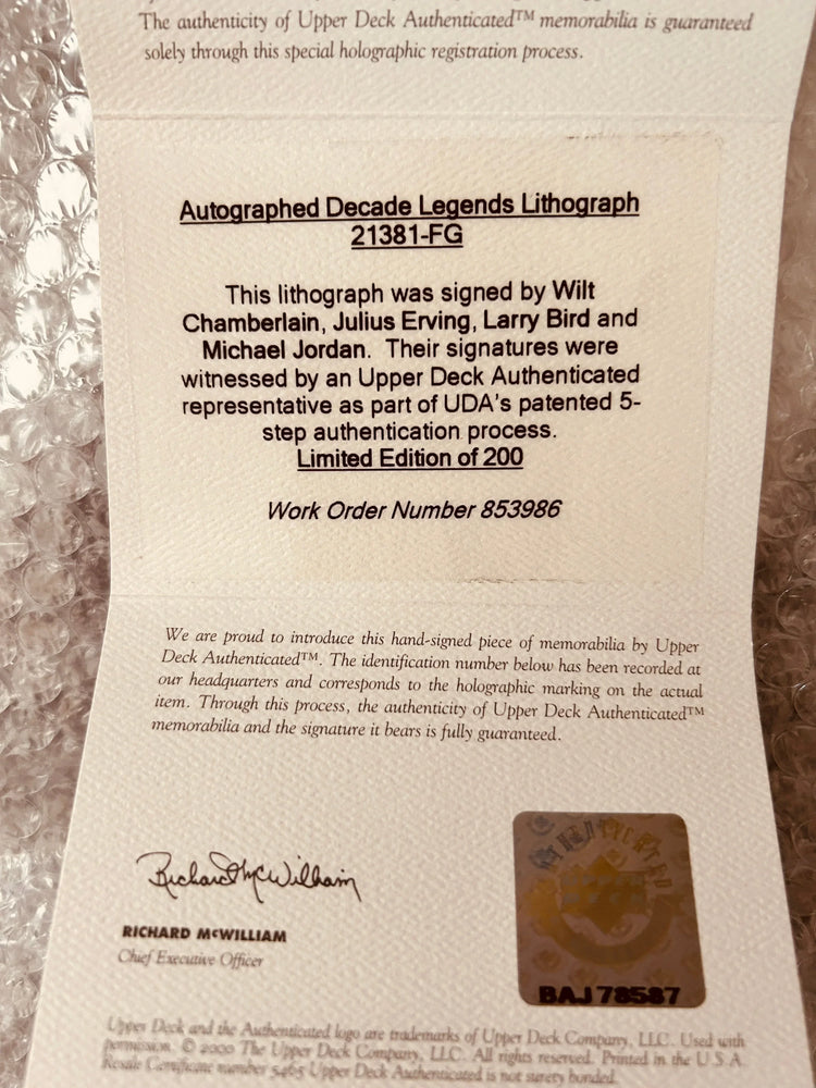 Michael Jordan Wilt Chamberlain Larry Bird Dr. J signed UDA Decade Legends litho framed - AutographsForSale.com