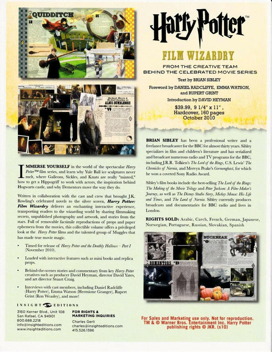 Harry Potter Film Wizardry book 2010 SDCC SELL SHEET ONLY - AutographsForSale.com