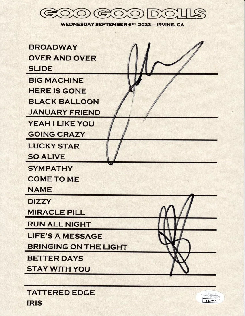 John Rzeznik & Robby Tatac signed Goo Goo Dolls 2023 concert set list JSA - AutographsForSale.com