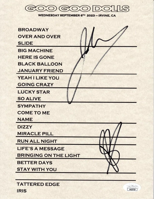 John Rzeznik & Robby Tatac signed Goo Goo Dolls 2023 concert set list JSA - AutographsForSale.com