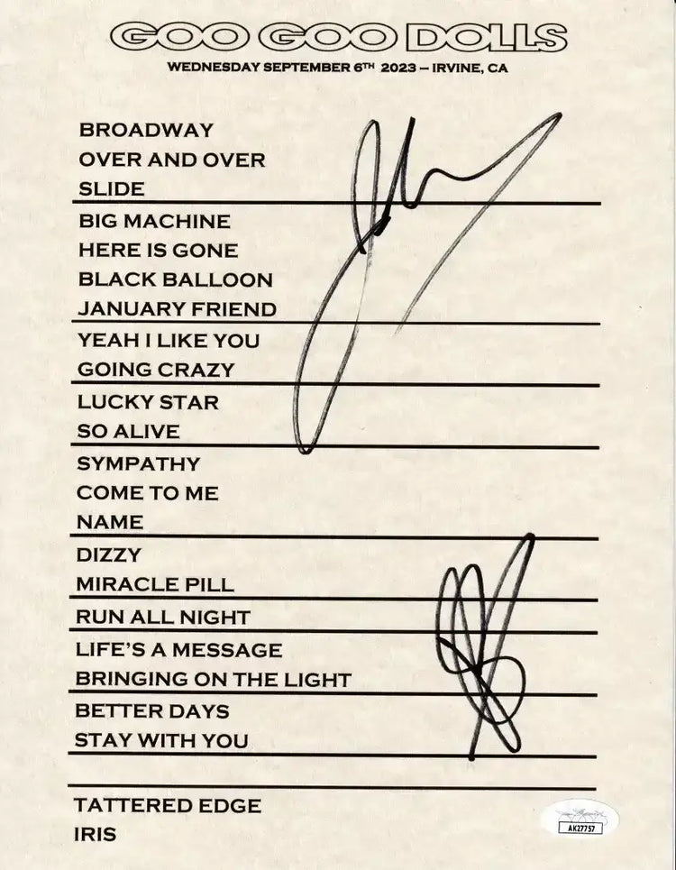 John Rzeznik & Robby Tatac signed Goo Goo Dolls 2023 concert set list JSA - AutographsForSale.com