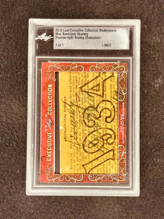 Max Baer and Jack Sharkey 2018 Leaf Masterpiece Cut Signature certified autograph boxing card 1/1 JSA - AutographsForSale.com