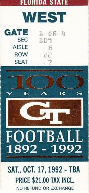 1992 Florida St Seminoles at Georgia Tech college football ticket stub Charlie Ward - AutographsForSale.com