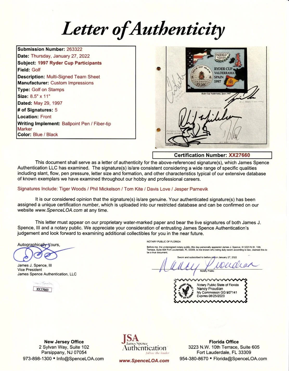 Tiger Woods Phil Mickelson Tom Kite Davis Love signed 1997 Ryder Cup golf postal sheet JSA - AutographsForSale.com