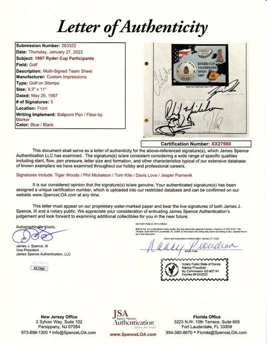 Tiger Woods Phil Mickelson Tom Kite Davis Love signed 1997 Ryder Cup golf postal sheet JSA - AutographsForSale.com