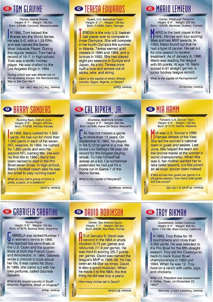 Autographed 1996 SI for Kids card sheet Barry Sanders Troy Aikman Mia Hamm Mario Lemieux Cal Ripken David Robinson JSA - AutographsForSale.com