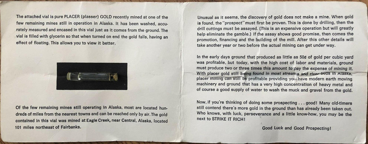 Alaska Placer Gold Flakes In Vial & Souvenir Folder - AutographsForSale.com