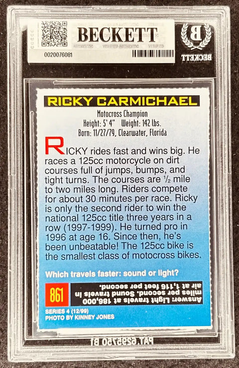 Ricky Carmichael motocross champion trading card, Beckett authenticated, Series 4 1999