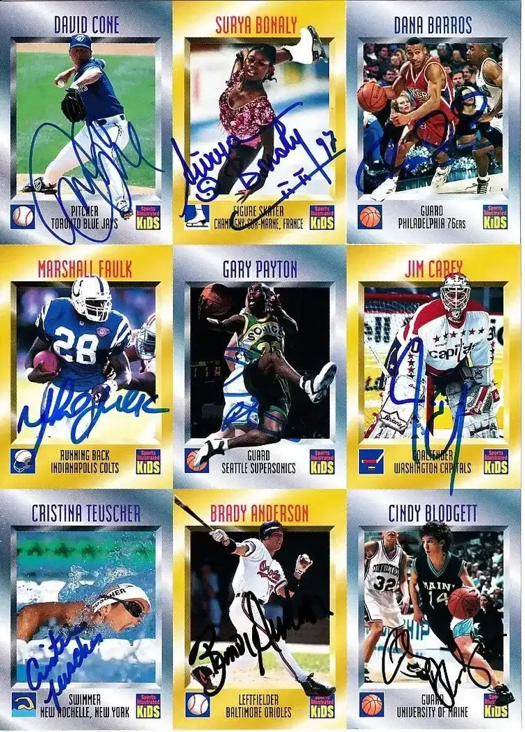 Signed 1995 SI for Kids card sheet Marshall Faulk Gary Payton David Cone JSA - AutographsForSale.com