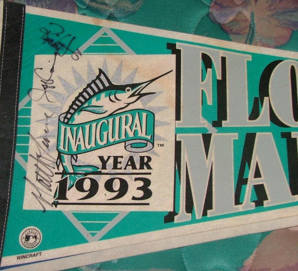 Jeff Conine Richie Lewis Matt Turner signed 1993 Marlins pennant - AutographsForSale.com