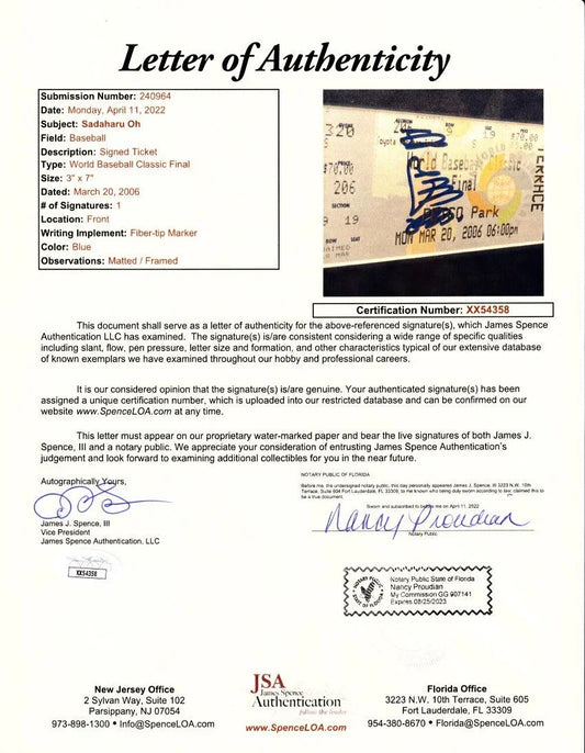 Sadaharu Oh autographed 2006 World Baseball Classic Final ticket framed with Japan celebration photo JSA - AutographsForSale.com