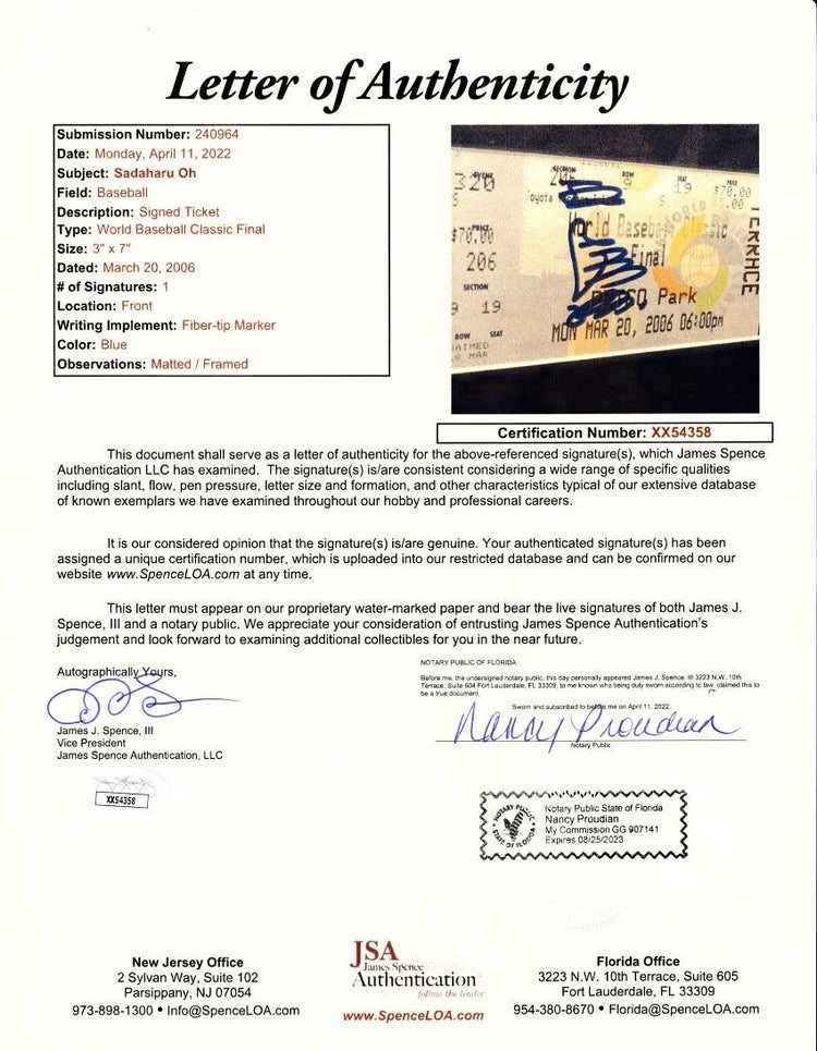 Sadaharu Oh autographed 2006 World Baseball Classic Final ticket framed with Japan celebration photo JSA - AutographsForSale.com