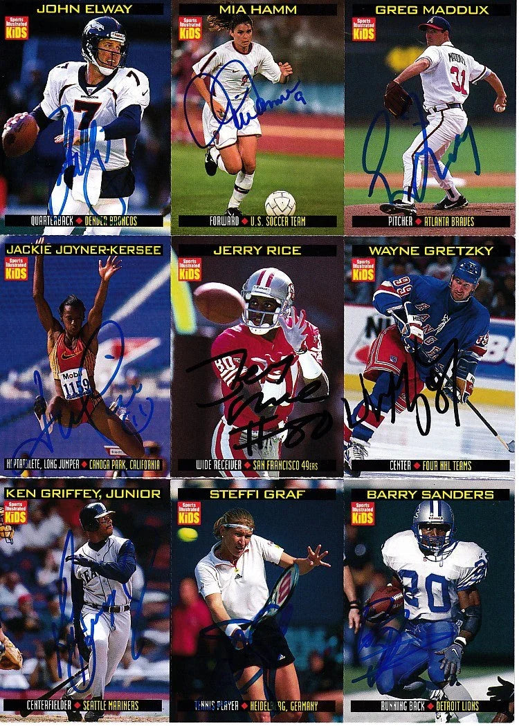 Autographed 1999 SI for Kids card sheet John Elway Steffi Graf Ken Griffey Jr Wayne Gretzky Mia Hamm Jerry Rice JSA - AutographsForSale.com