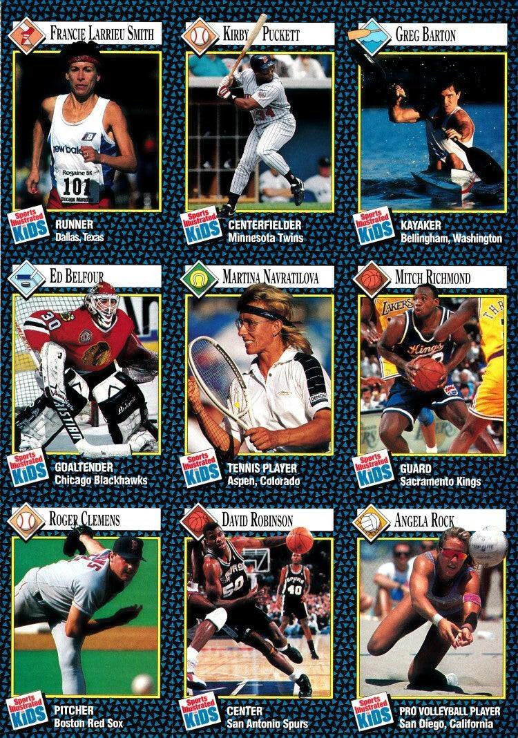 Kirby Puckett David Robinson Roger Clemens Martina Navratilova 1992 SI for Kids 9 card sheet - AutographsForSale.com