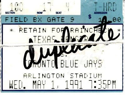 Nolan Ryan 7th No-Hitter 1991 Texas Rangers vs Blue Jays ticket stub torn - AutographsForSale.com
