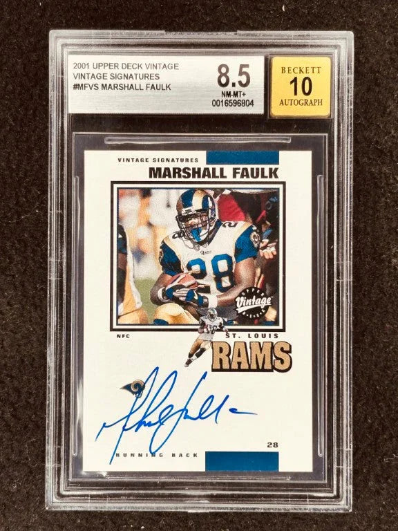 Marshall Faulk certified signed St Louis Rams 2001 Upper Deck vintage Signatures card BGS 8.5 BAS 10 - AutographsForSale.com