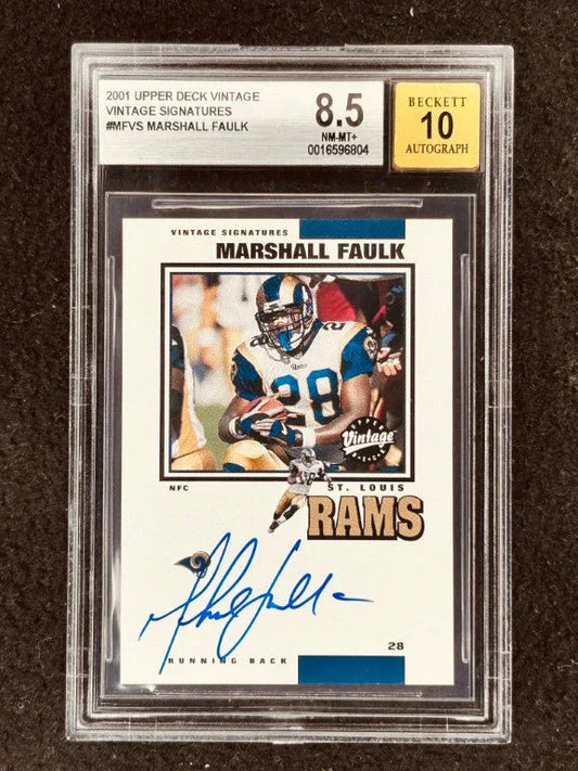 Marshall Faulk certified signed St Louis Rams 2001 Upper Deck vintage Signatures card BGS 8.5 BAS 10 - AutographsForSale.com