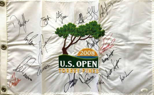 2008 US Open golf pin flag autographed by 19 winners Dustin Johnson Jordan Spieth Lee Trevino JSA - AutographsForSale.com