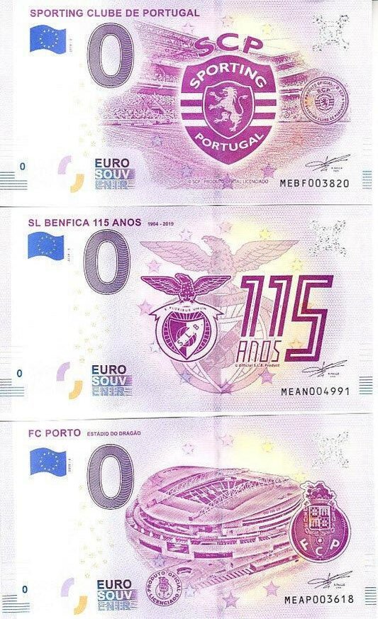 3 2019 Sporting Clube Portugal FC Porto & Sl Benfica Zero Euro Souvenir Banknotes Mint - AutographsForSale.com
