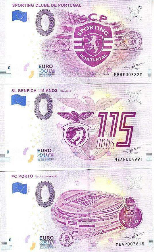 3 2019 Sporting Clube Portugal FC Porto & Sl Benfica Zero Euro Souvenir Banknotes Mint - AutographsForSale.com