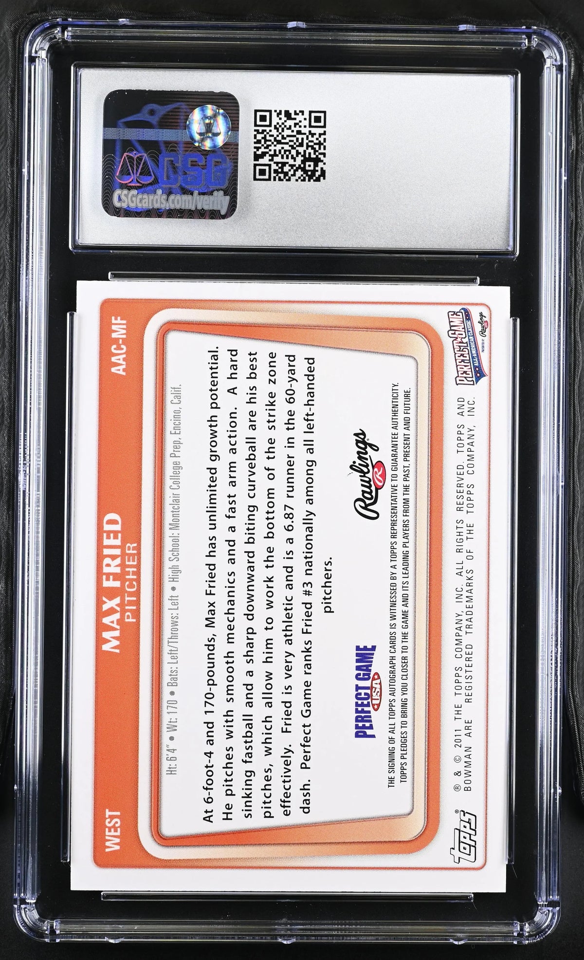 Max Fried 2011 Perfect Game Bowman Rookie Card CSG graded 9 MINT Braves - AutographsForSale.com