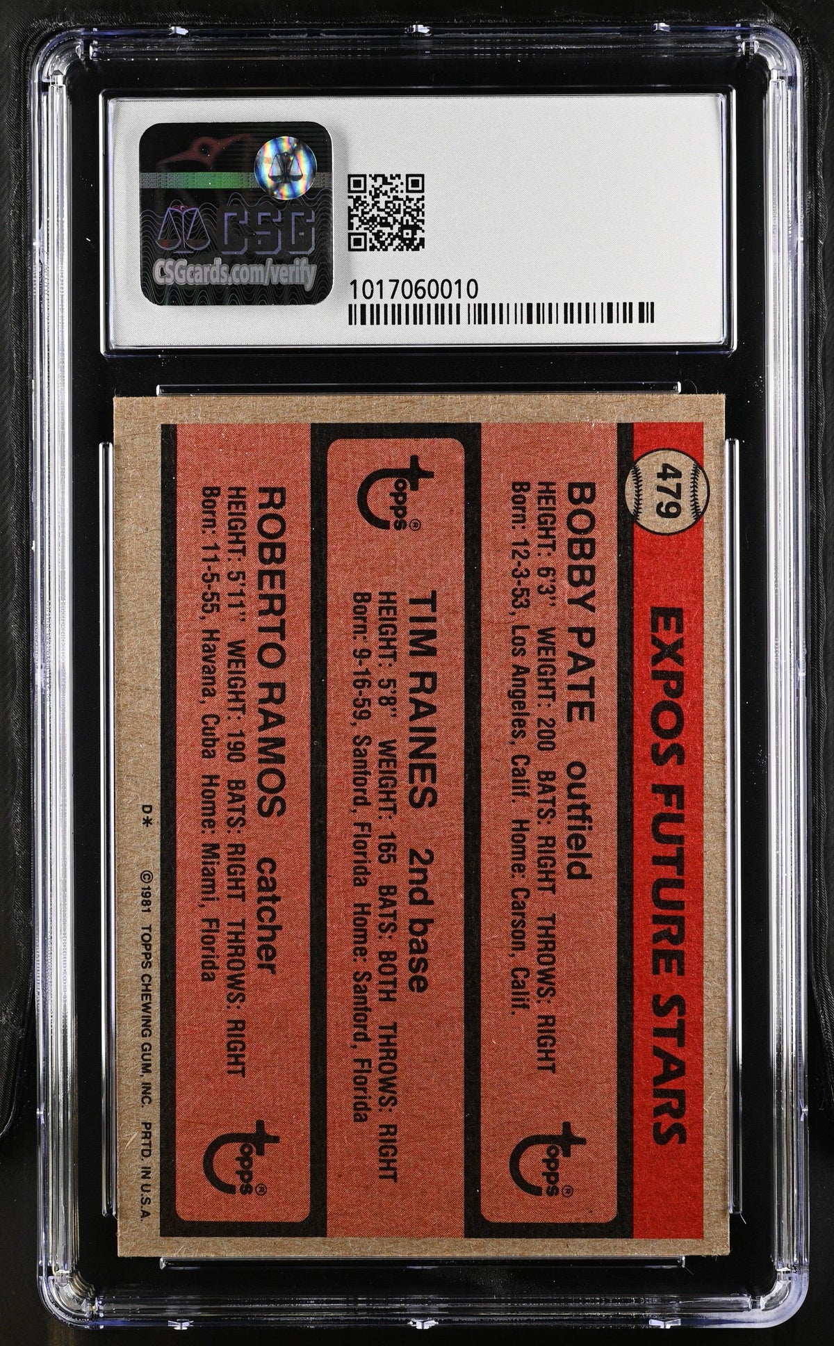 Tim Raines Montreal Expos 1981 Topps Rookie Card #479 Graded CSG 7.5 - AutographsForSale.com