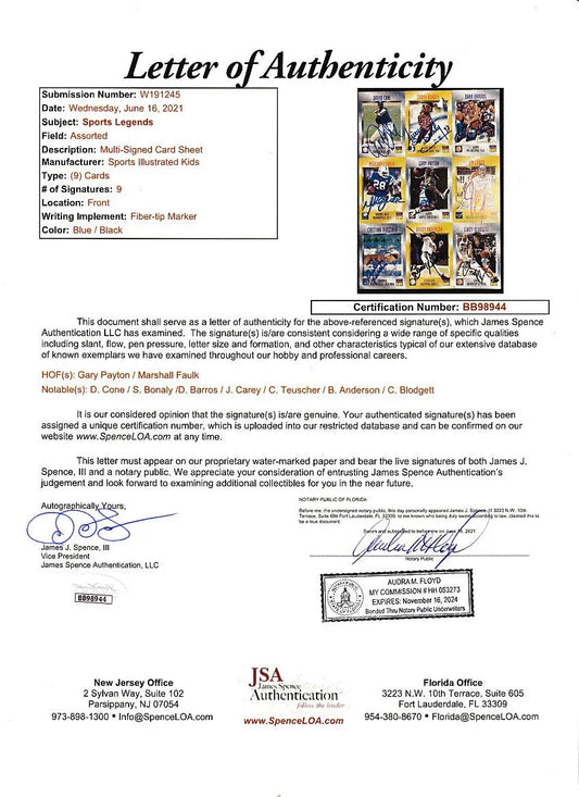 Signed 1995 SI for Kids card sheet Marshall Faulk Gary Payton David Cone JSA - AutographsForSale.com