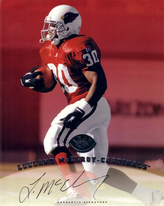 Leeland McElroy certified signed Arizona Cardinals 1997 Leaf 8x10 card - AutographsForSale.com