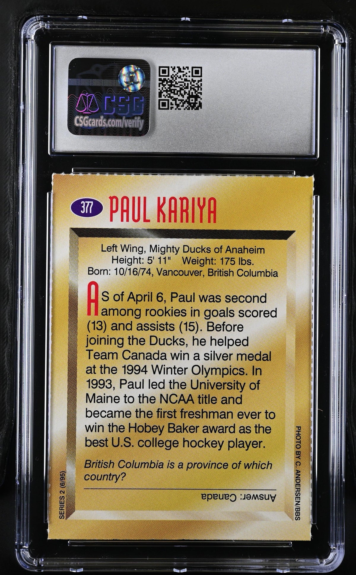 Paul Kariya Anaheim Ducks 1995 SI for Kids card CSG 9.5 MT+ - AutographsForSale.com