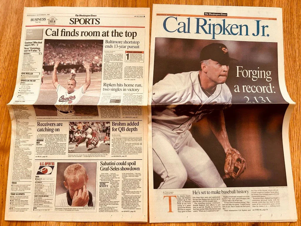 Cal Ripken Orioles 2130 & 2131 Consecutive Games 1995 Washington Times newspapers - AutographsForSale.com