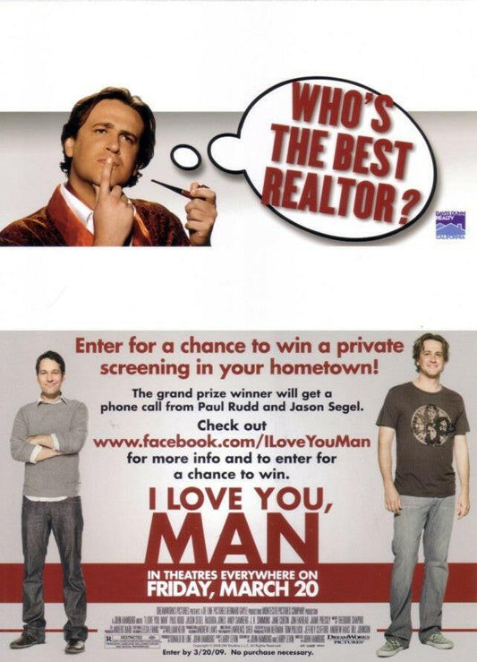 I Love You Man 2009 movie promo contest card Paul Rudd Jason Segel - AutographsForSale.com