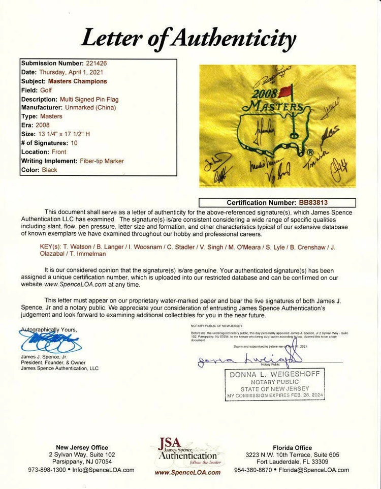 2008 Masters Flag signed by 10 winners Tom Watson Ben Crenshaw Bernhard Langer JSA - AutographsForSale.com