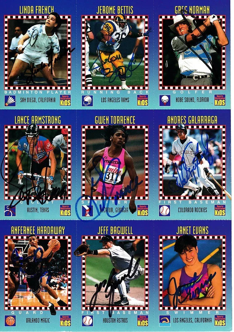 Signed 1994 SI for Kids card sheet Lance Armstrong Jeff Bagwell Jerome Bettis Penny Hardaway JSA - AutographsForSale.com