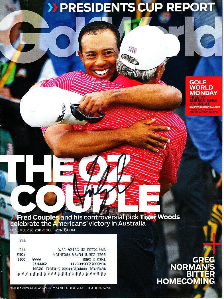 Fred Couples signed 2011 Presidents Cup Golf World issue w/ Tiger Woods - AutographsForSale.com