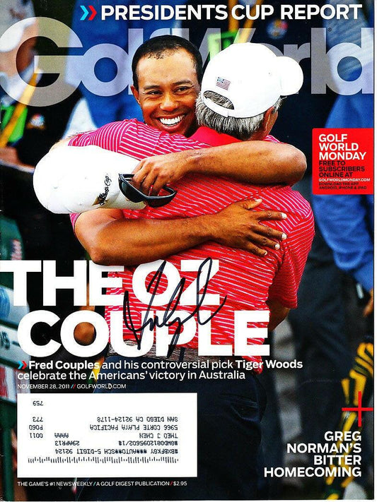 Fred Couples signed 2011 Presidents Cup Golf World issue w/ Tiger Woods - AutographsForSale.com