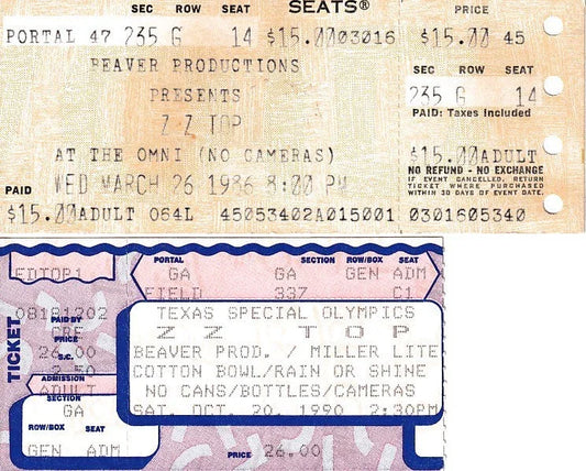 2 vintage ZZ Top 1986 Atlanta & 1990 Dallas concert ticket stubs - AutographsForSale.com