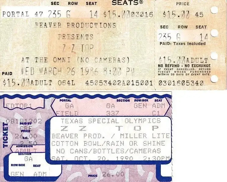 2 vintage ZZ Top 1986 Atlanta & 1990 Dallas concert ticket stubs - AutographsForSale.com