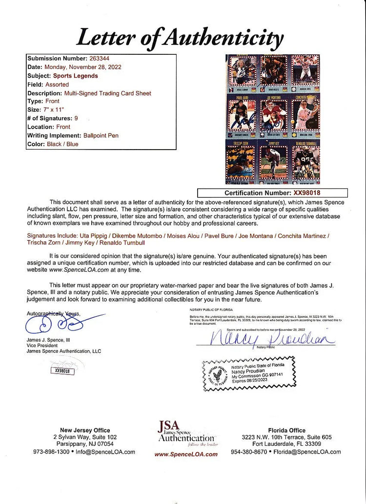 Signed 1994 SI for Kids card sheet Joe Montana Pavel Bure Dikembe Mutombo JSA - AutographsForSale.com