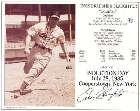 Enos Slaughter signed 8x10 St Louis Cardinals Hall of Fame photo card - AutographsForSale.com