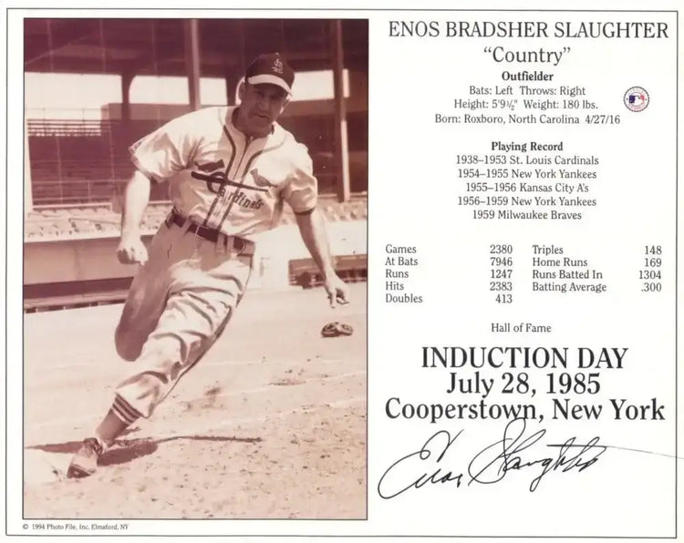 Enos Slaughter signed 8x10 St Louis Cardinals Hall of Fame photo card - AutographsForSale.com