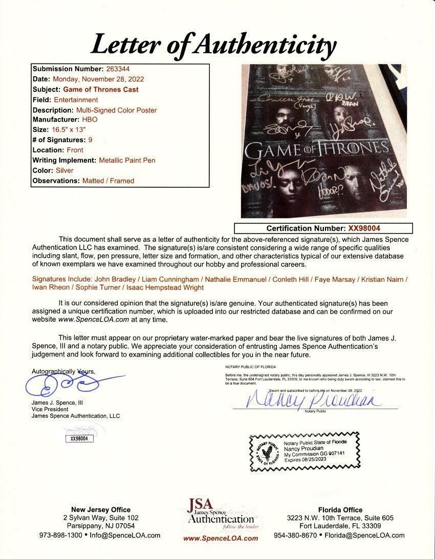 Game of Thrones cast signed 2016 SDCC poster framed Sophie Turner John Bradley JSA - AutographsForSale.com