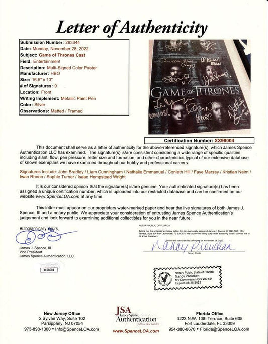 Game of Thrones cast signed 2016 SDCC poster framed Sophie Turner John Bradley JSA - AutographsForSale.com