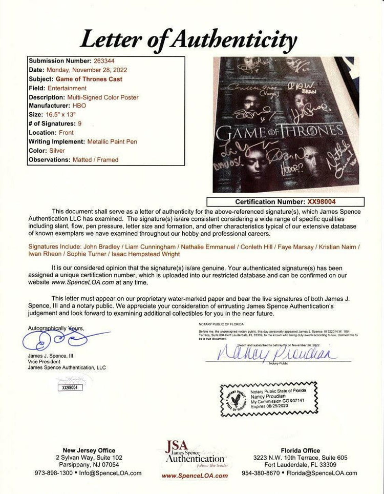 Game of Thrones cast signed 2016 SDCC poster framed Sophie Turner John Bradley JSA - AutographsForSale.com