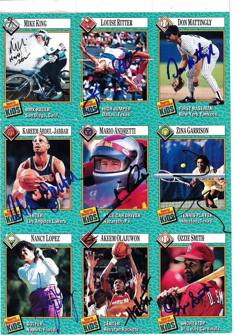 Signed 1989 SI for Kids card sheet Mario Andretti Kareem Abdul-Jabbar Hakeem Olajuwon Ozzie Smith JSA - AutographsForSale.com